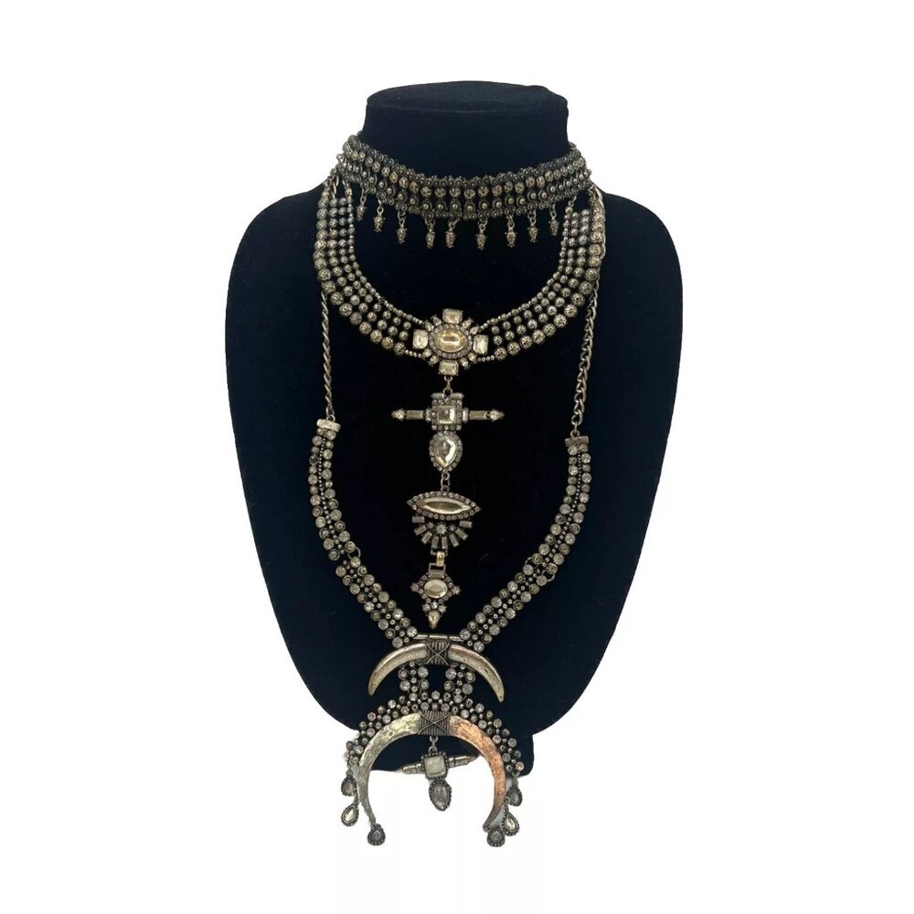 Free People Multilayered Antiqued Silver & Rhinestone Necklace - Picture 11 of 16